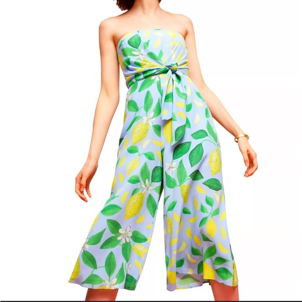 Anthropologie Maeve Blue and Green Geometric Lemon Strapless Jumpsuit